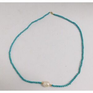 Turquoise Beaded Genuine Pearl Necklace 14kt clasp